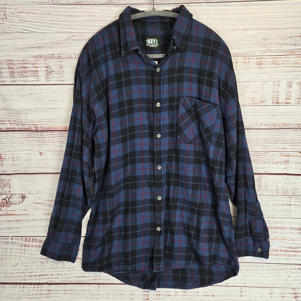 KEY Men's Navy Blue Flannel Shirt L Blue Check Plaid Cotton Outdoor Hiking Shirt